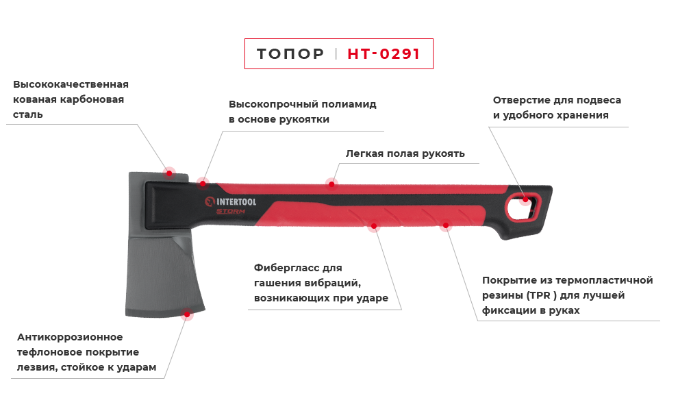 Топор 630г ручка из фибергласса. STORM INTERTOOL